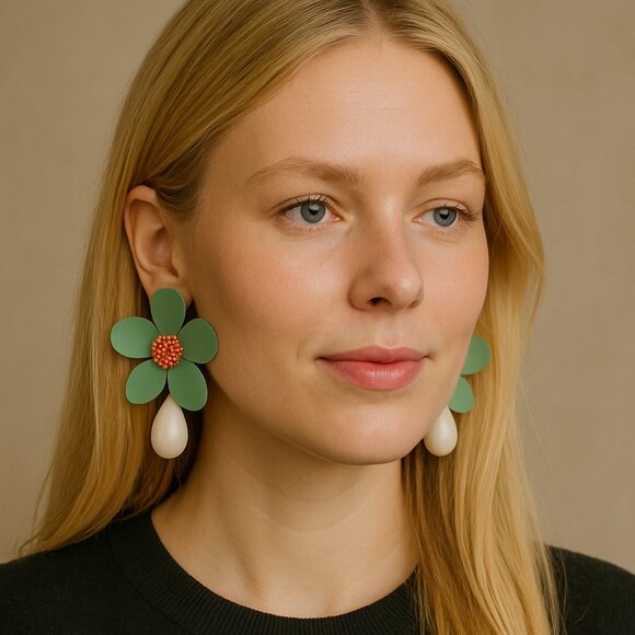 Mango Jewelry - MANGO Floral Statement Drop Earring Fashion Jewelry Pastel Green Coral White Big